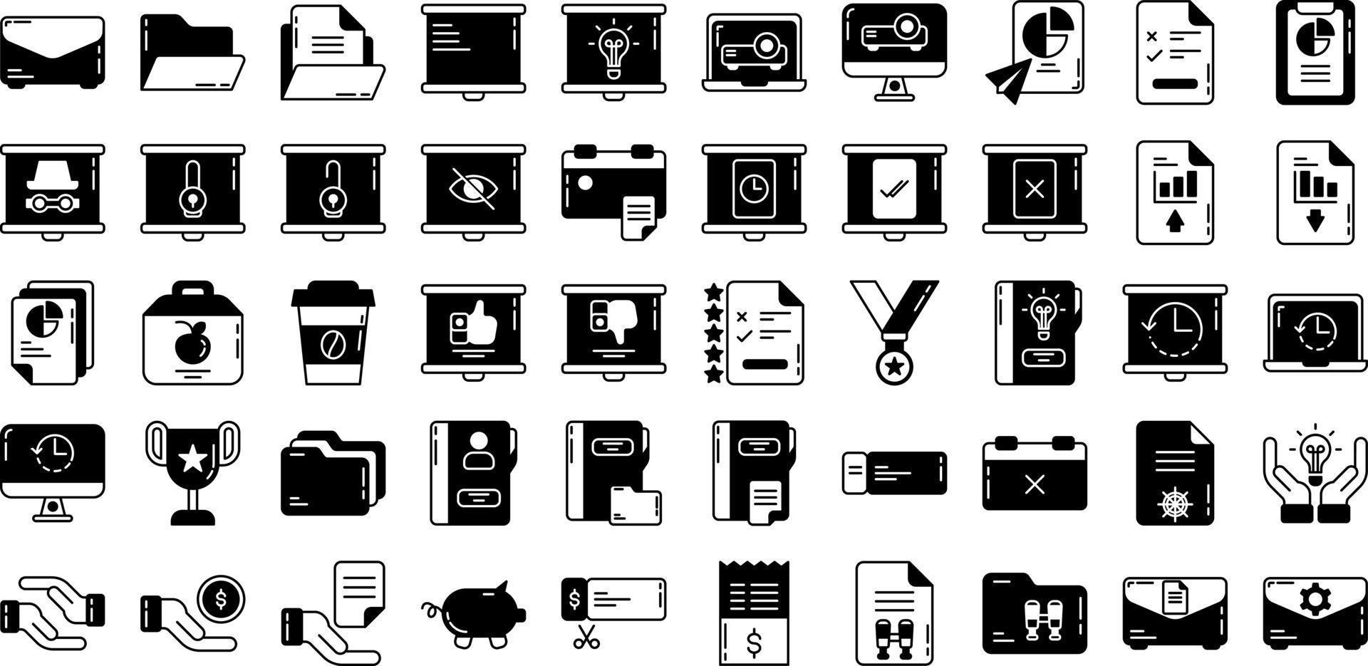 set presentatie- en kantoorpictogrammen op transparante achtergrond vector