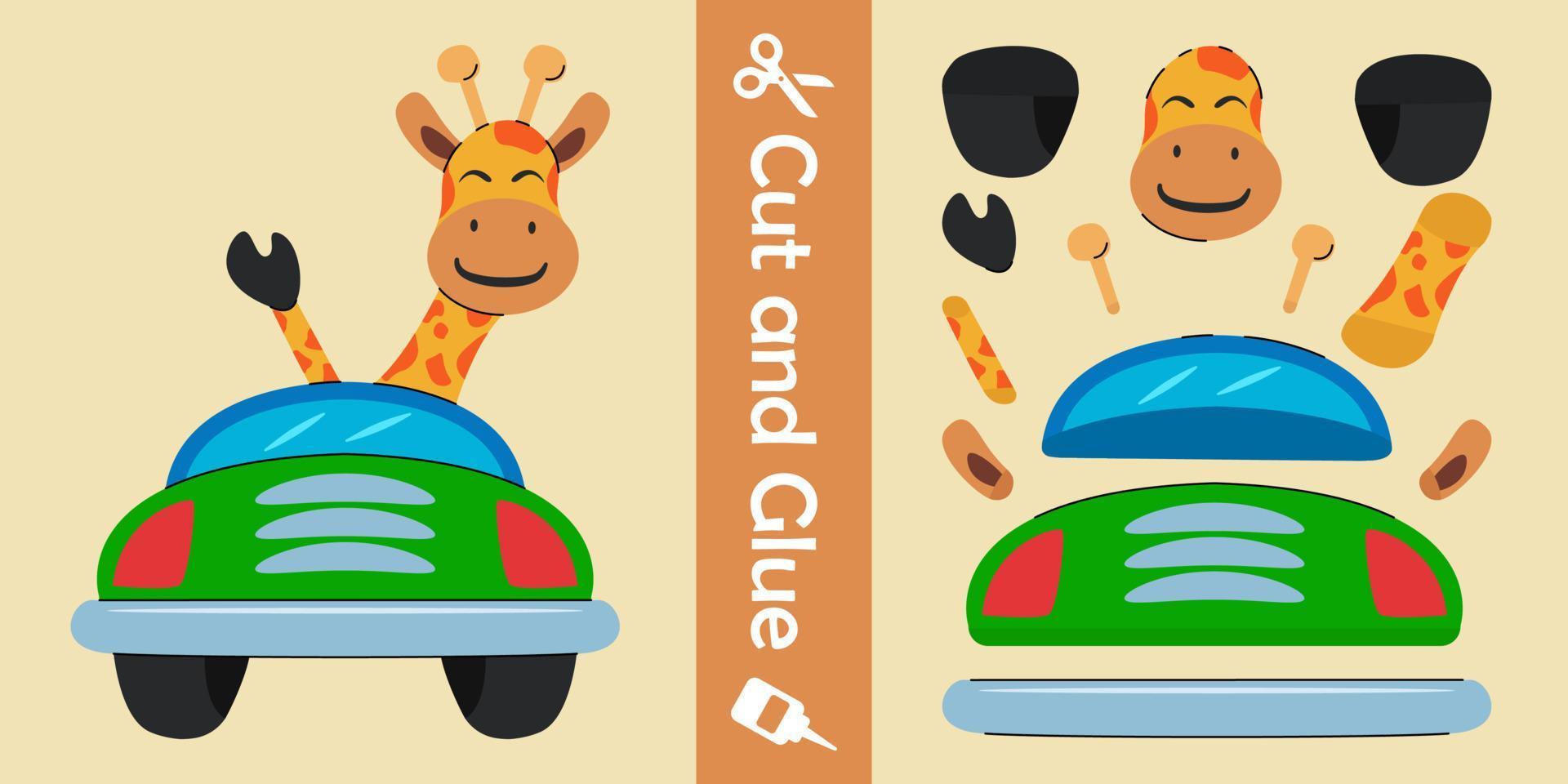 schattige giraf die een auto bestuurt. onderwijs papier spel voor kinderen. knip en lijm. vector illustratie