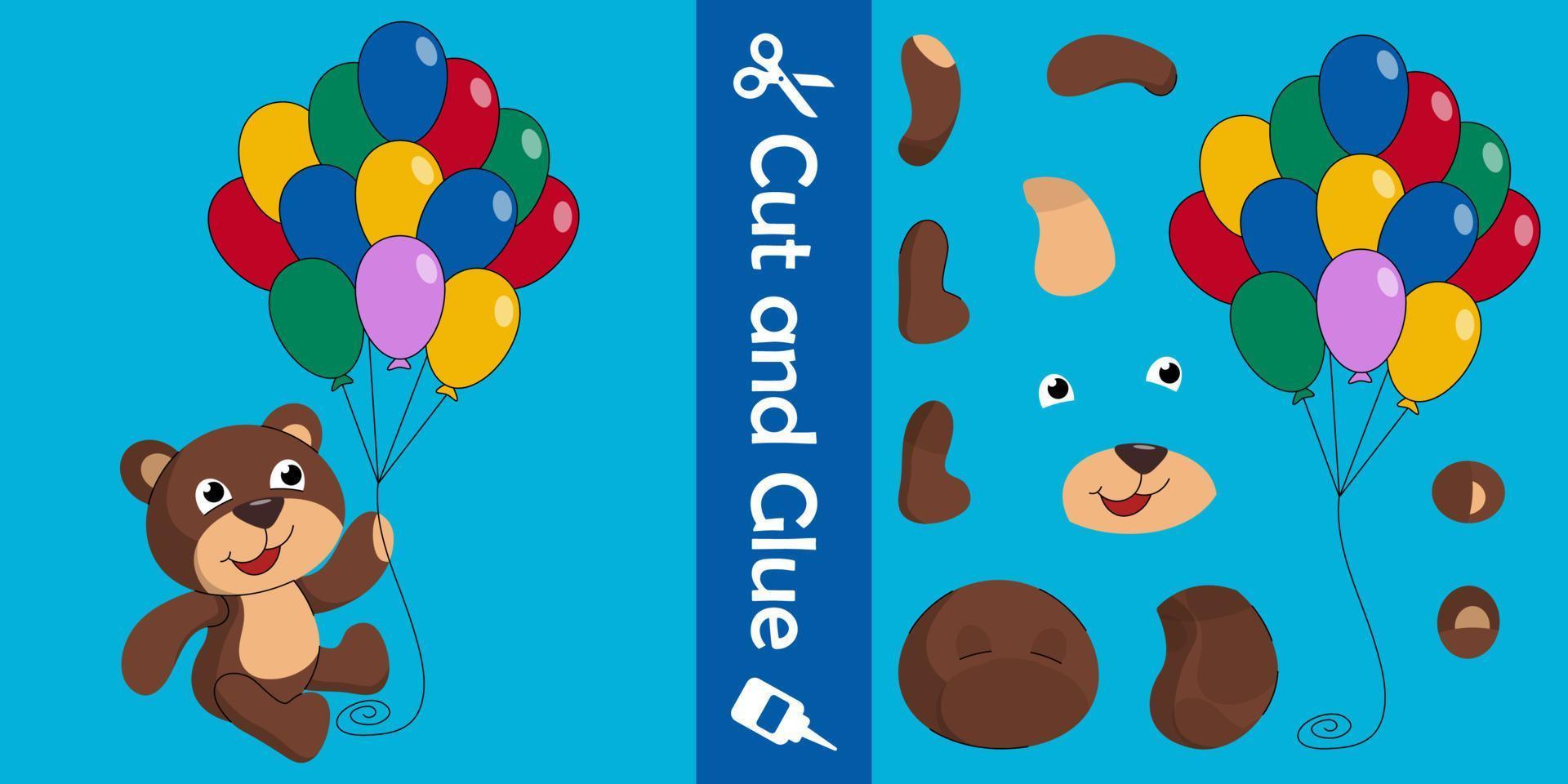 schattige beer met kleurrijke ballonnen. onderwijs papier spel voor kinderen. knip en lijm. vector illustratie