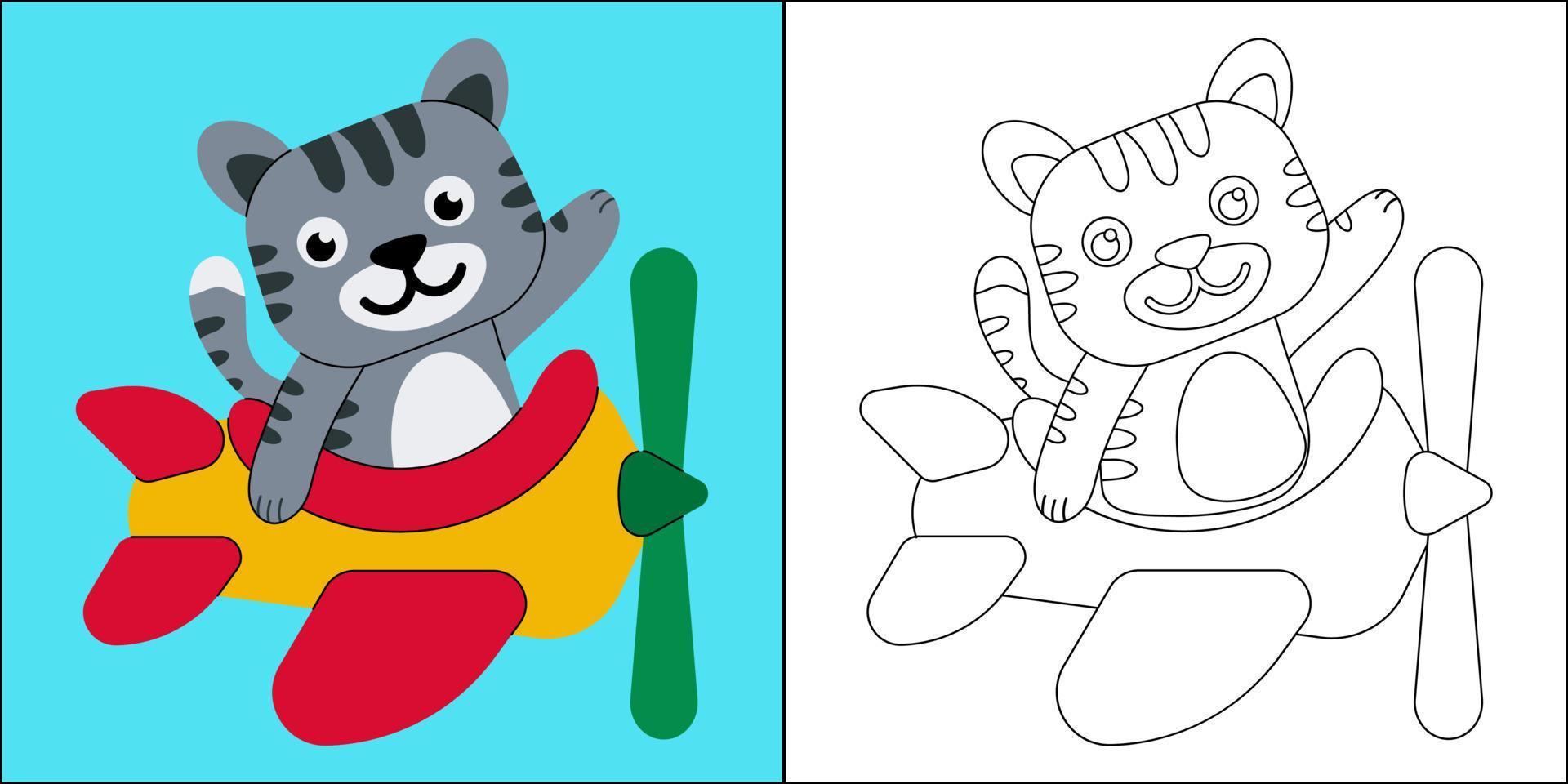 schattige kat die op een vliegtuig vliegt, geschikt voor de kleurplaat vectorillustratie van kinderen vector