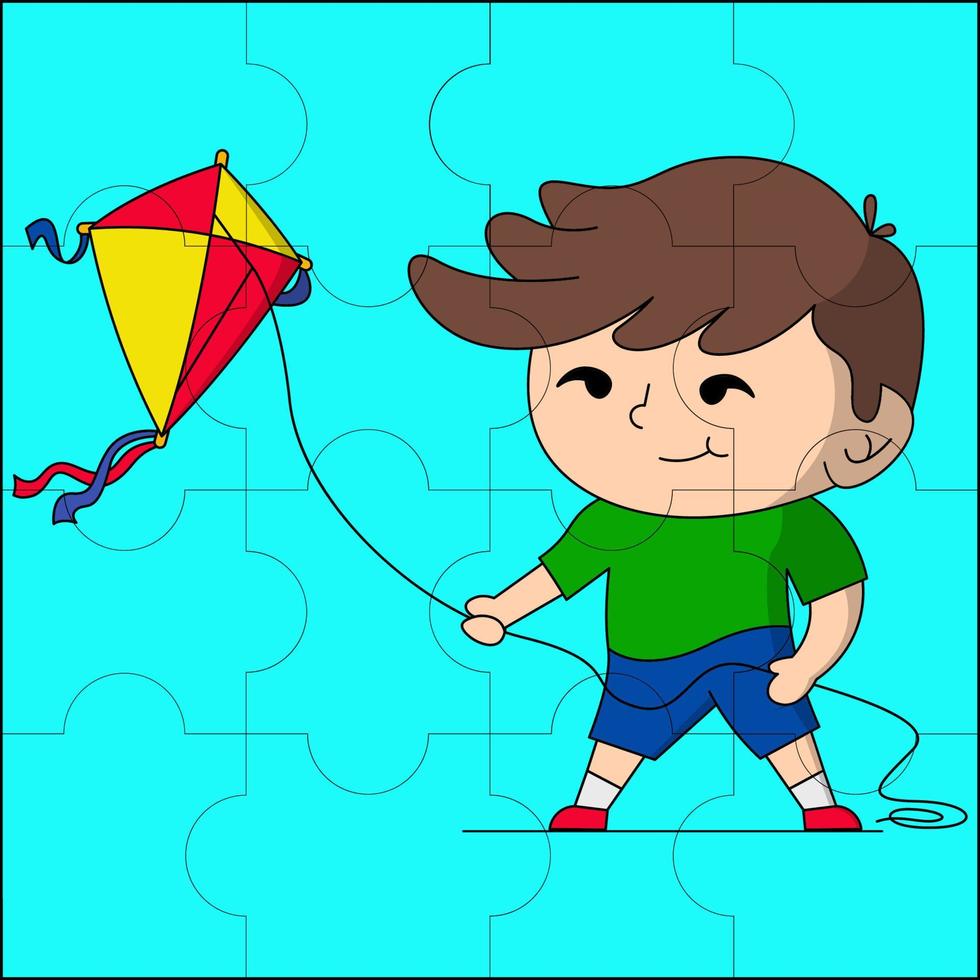 schattige jongen die vlieger speelt die geschikt is voor kinderpuzzel vectorillustratie vector