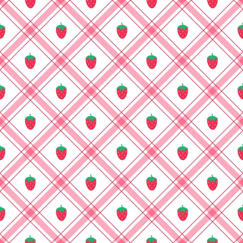 schattig aardbei rood fruit element rood groen diagonaal streep gestreept lijn kantelen geruit plaid tartan buffel scott gingangpatroon plat cartoon vector naadloos patroon print achtergrond mode weefsel