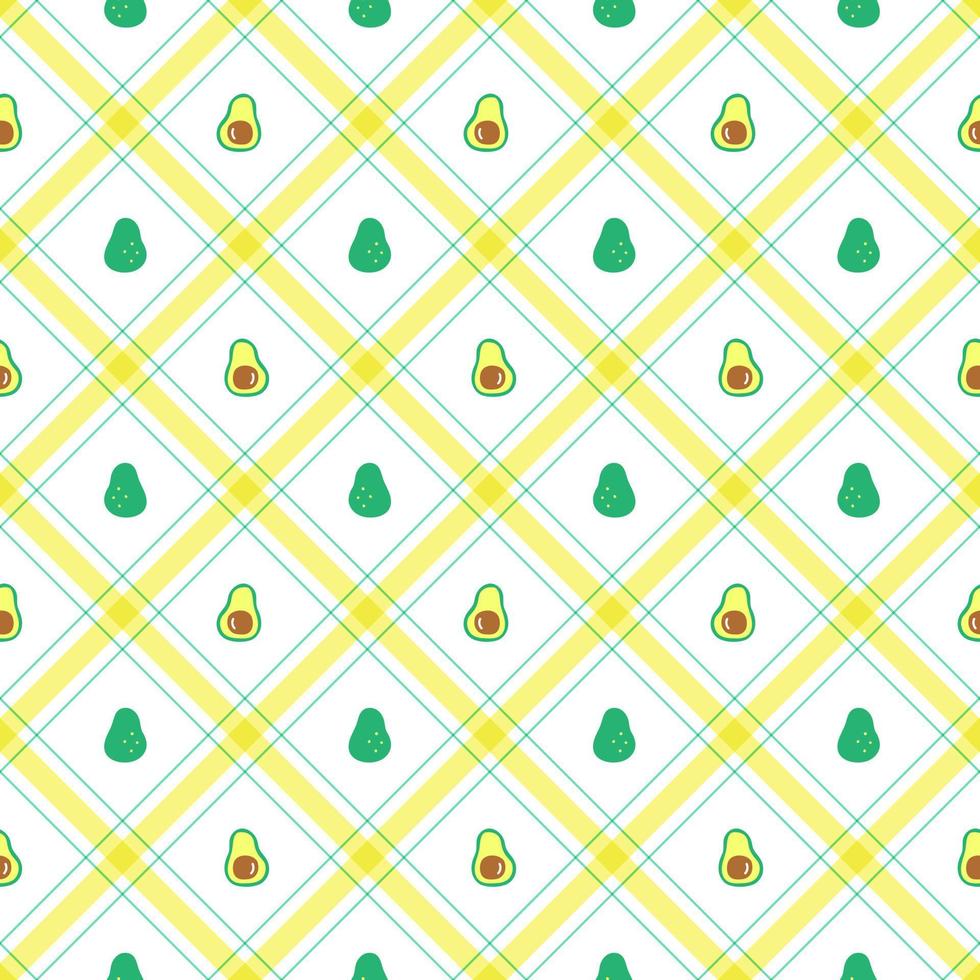 schattig half avocado fruit groente element geel groen diagonaal streep gestreept lijn kantelen geruit plaid tartan buffel scott gingangpatroon plat cartoon vector naadloos patroon print achtergrond voedsel