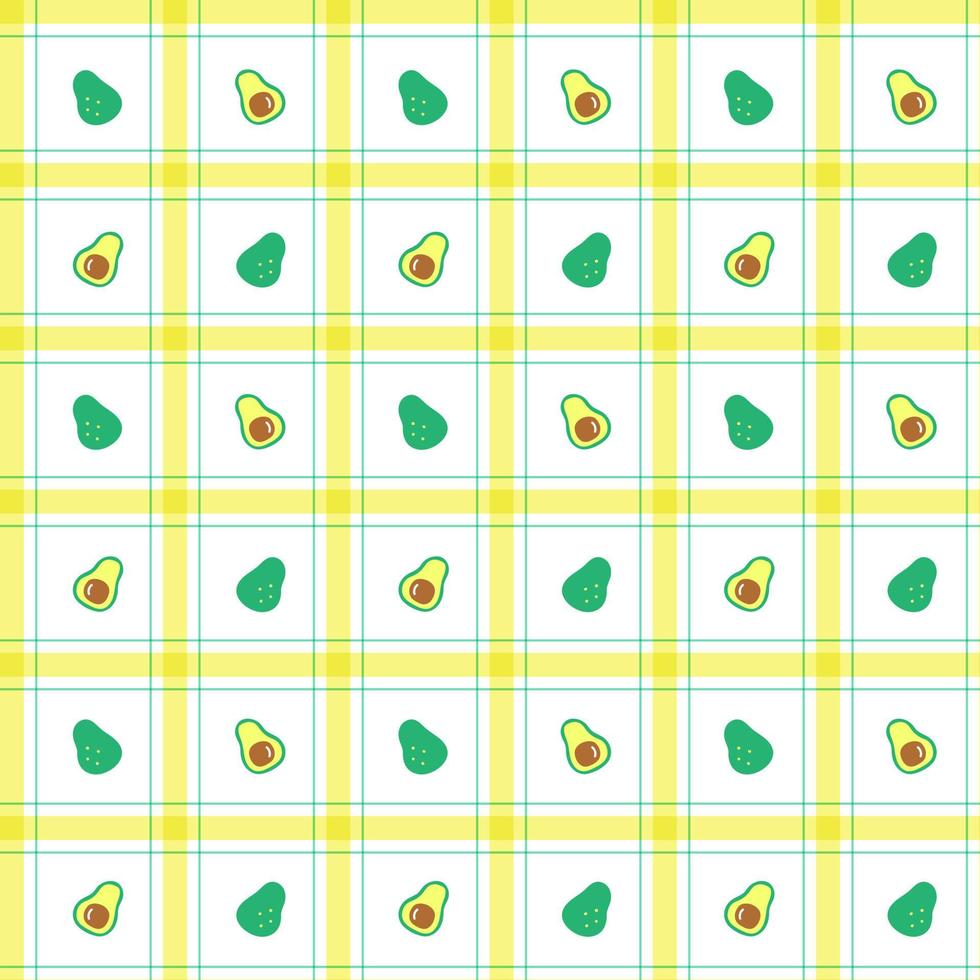 schattig half avocado fruit groente element geel groen streep gestreept lijn kantelen geruit plaid tartan buffel scott gingangpatroon plat cartoon vector naadloos patroon print achtergrond voedsel