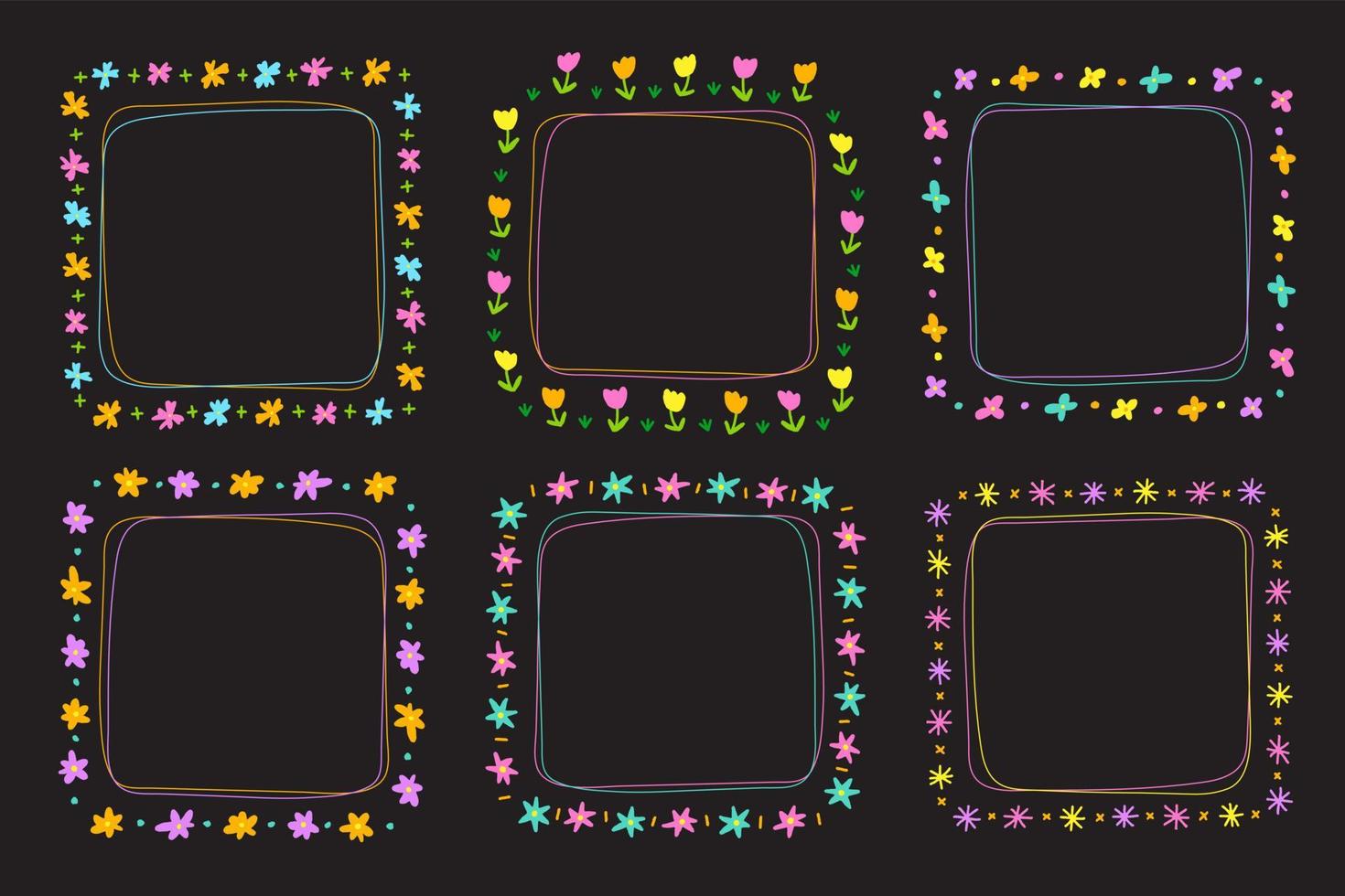 schattig neon abstract madeliefje bloem vierkant doodle vrije hand tekening getrokken lijn grenzen frames krans plaat set collectie vlakke stijl regenboog kleurrijk zwarte achtergrond vector illustratie pack