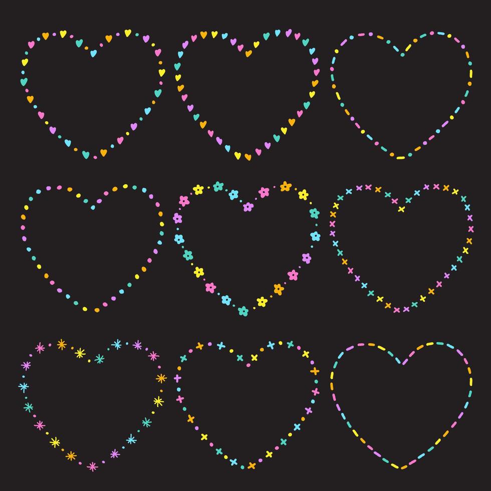 schattig neon abstract hart bloem vorm Valentijnsdag doodle vrije hand tekening getrokken lijn grenzen frames krans plaat set collectie vlakke stijl regenboog kleurrijk zwarte achtergrond vectorillustratie vector