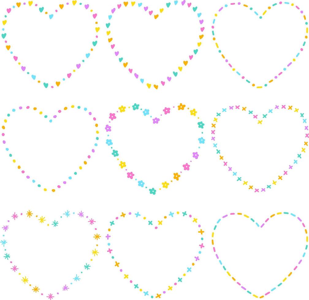schattig helder abstract hart bloem vorm Valentijnsdag doodle vrije hand tekening getrokken lijn grenzen frames krans plaat set collectie vlakke stijl regenboog kleurrijke witte achtergrond vectorillustratie vector