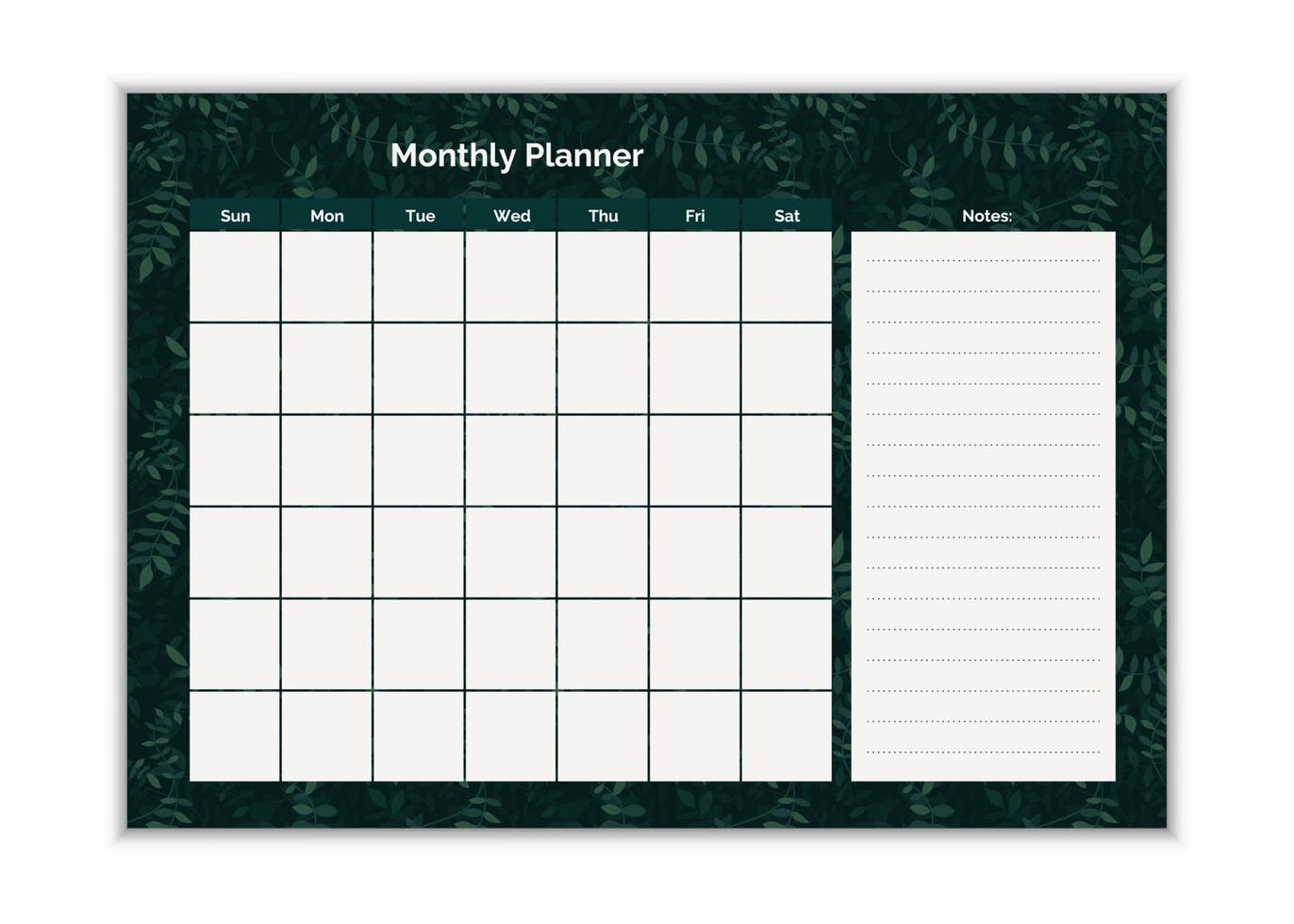 maandelijkse planner takenlijst, notities. afdrukbaar schema, kalender voor studie, school of werk. vectorillustratie. groene vector ontwerpsjabloon. elegante bloemenbladeren organizer en notitieblok.