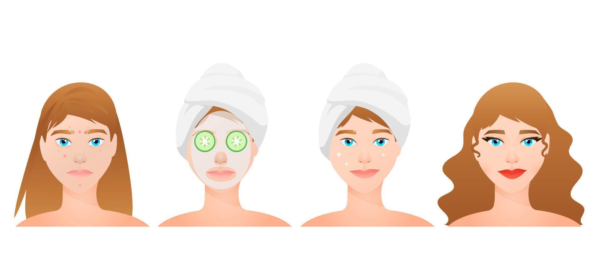 vectorillustratie set huidverzorging meisje gezicht wast en past cosmetische maskers toe. set meisje huidverzorging gezichtswas en komkommer masker set elementen van home spa, schoonheid, ontspanning, schoonheidsbehandelingen vector