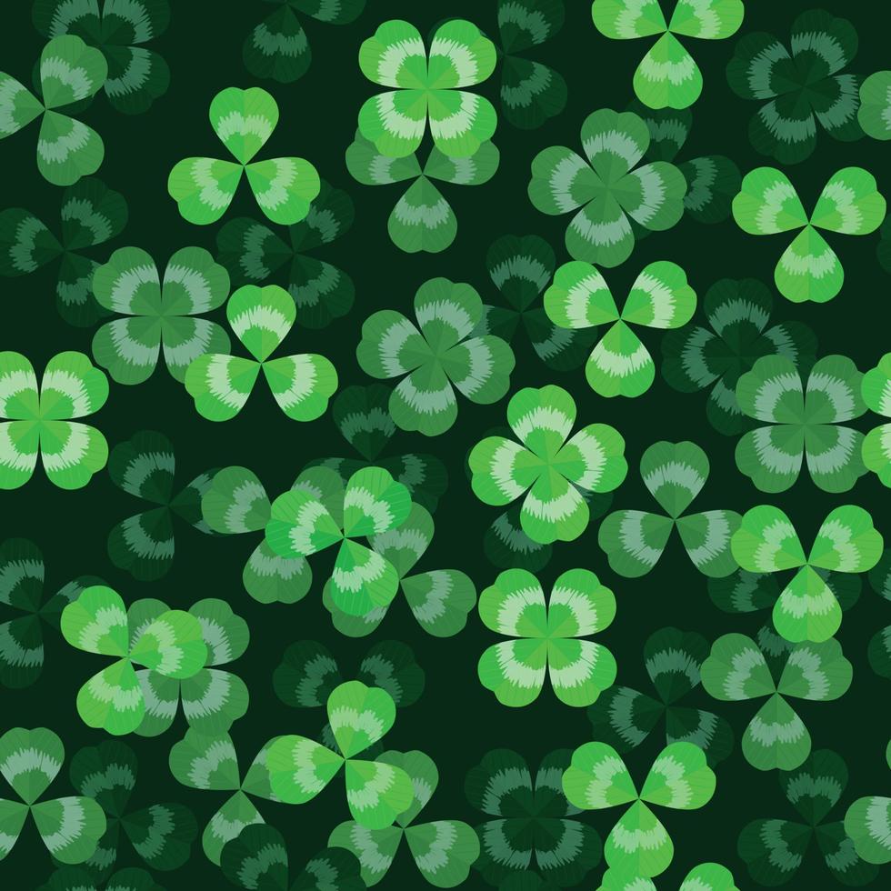 groene patroon klaver klaverblad blad naadloze grens vector shamrock sjabloon voor st. Patrick's dag. textuur klaver drie en vier laat veel geluk. op zwarte achtergrond