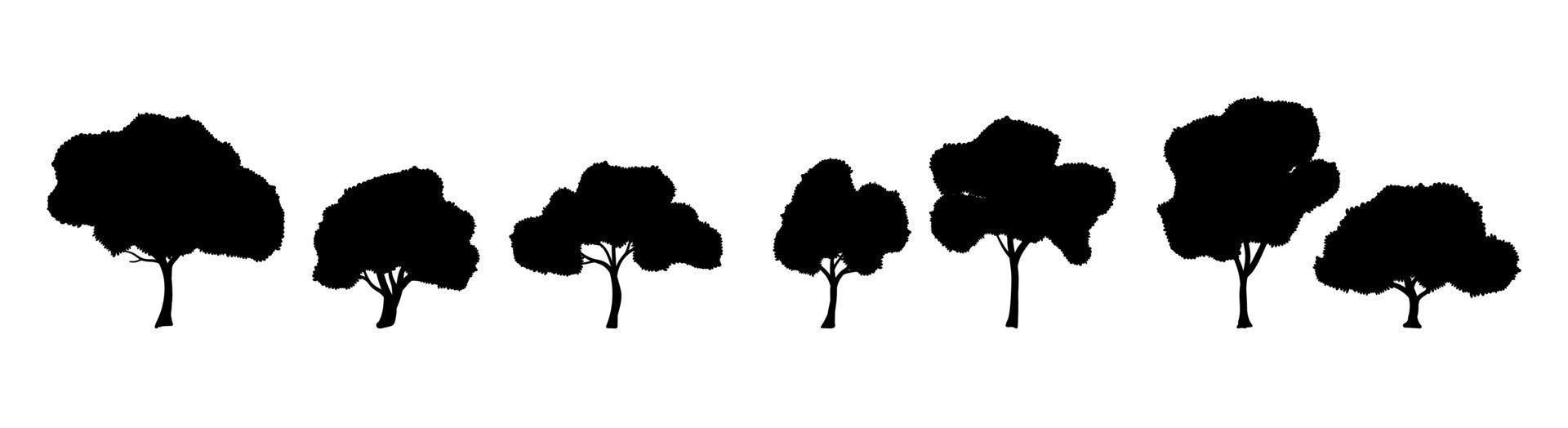 verzameling cartoon silhouet zwarte bomen illustraties. kan worden gebruikt om elk thema van de natuur of een gezonde levensstijl of ecologie te illustreren vector