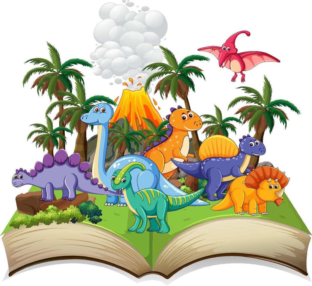 boek van dinosaurus in het bos vector