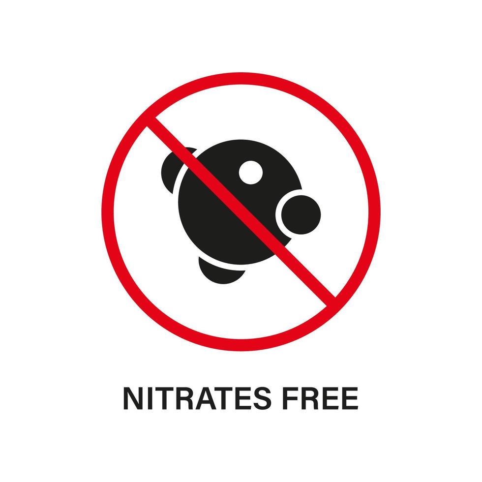 nitriet in het stopbord van voedselingrediënten. nitraat verboden symbool. nitraatvrij silhouet zwart pictogram. voeding gecertificeerde controle. garantie niet-nitriet logo. geïsoleerde vectorillustratie. vector