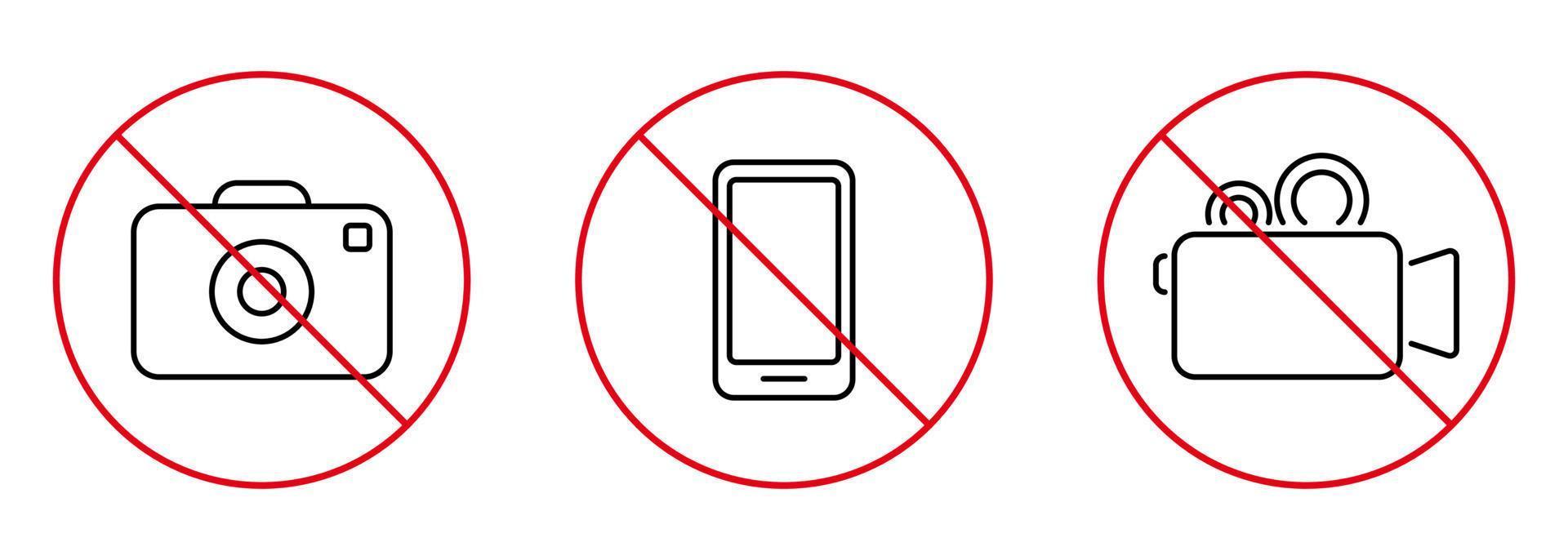 fotografie verboden gebied omtrek teken. geen video foto camera mobiele telefoon zwarte lijn verbod icon set. geen toegestane zone voor opname rood stopsymbool. camera verboden. geïsoleerde vectorillustratie. vector