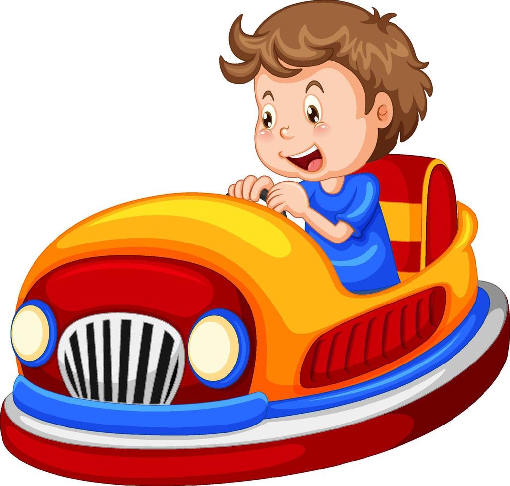 een jongen die in een botsauto rijdt op een witte achtergrond vector