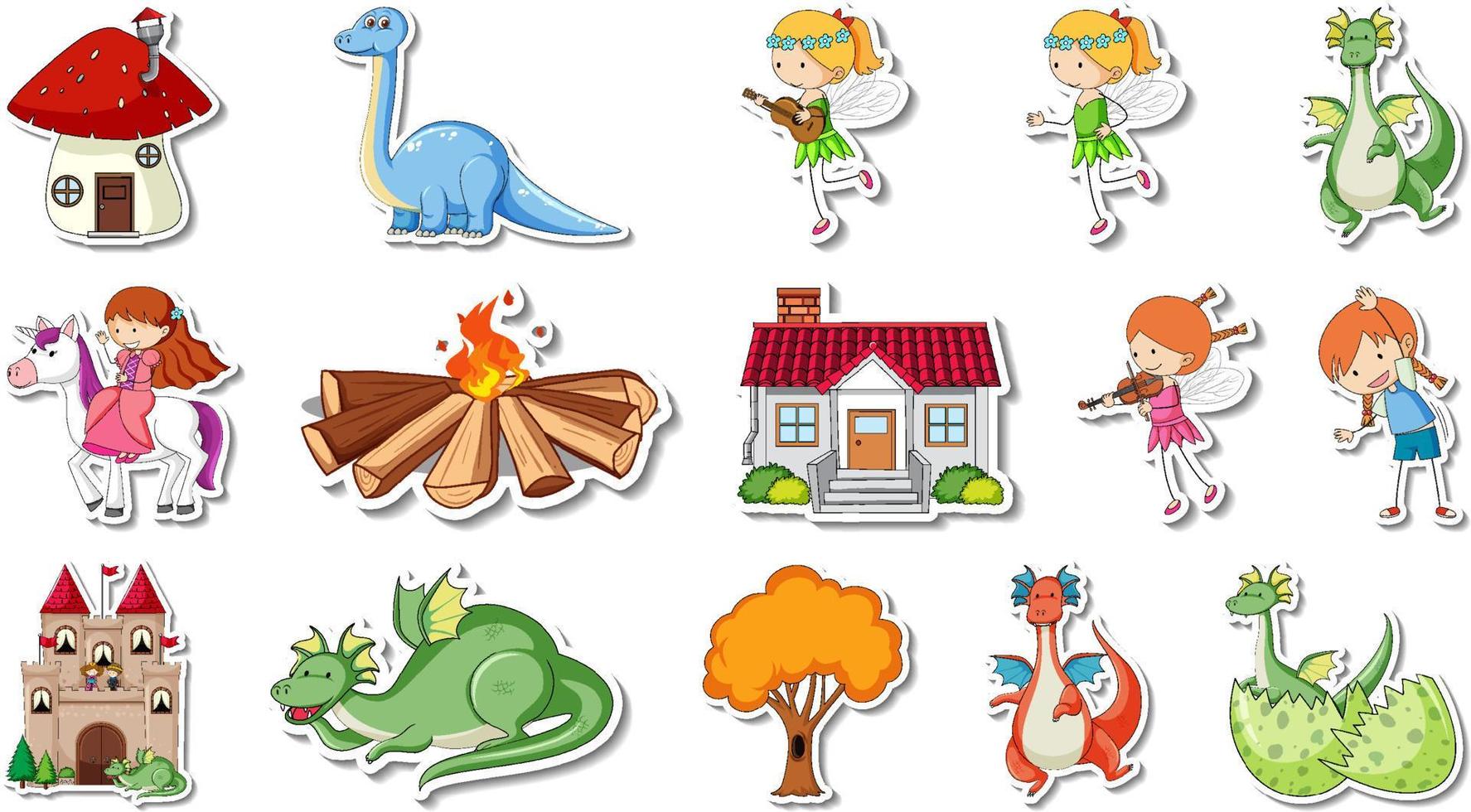 stickerset van fantasie sprookjes stripfiguren vector