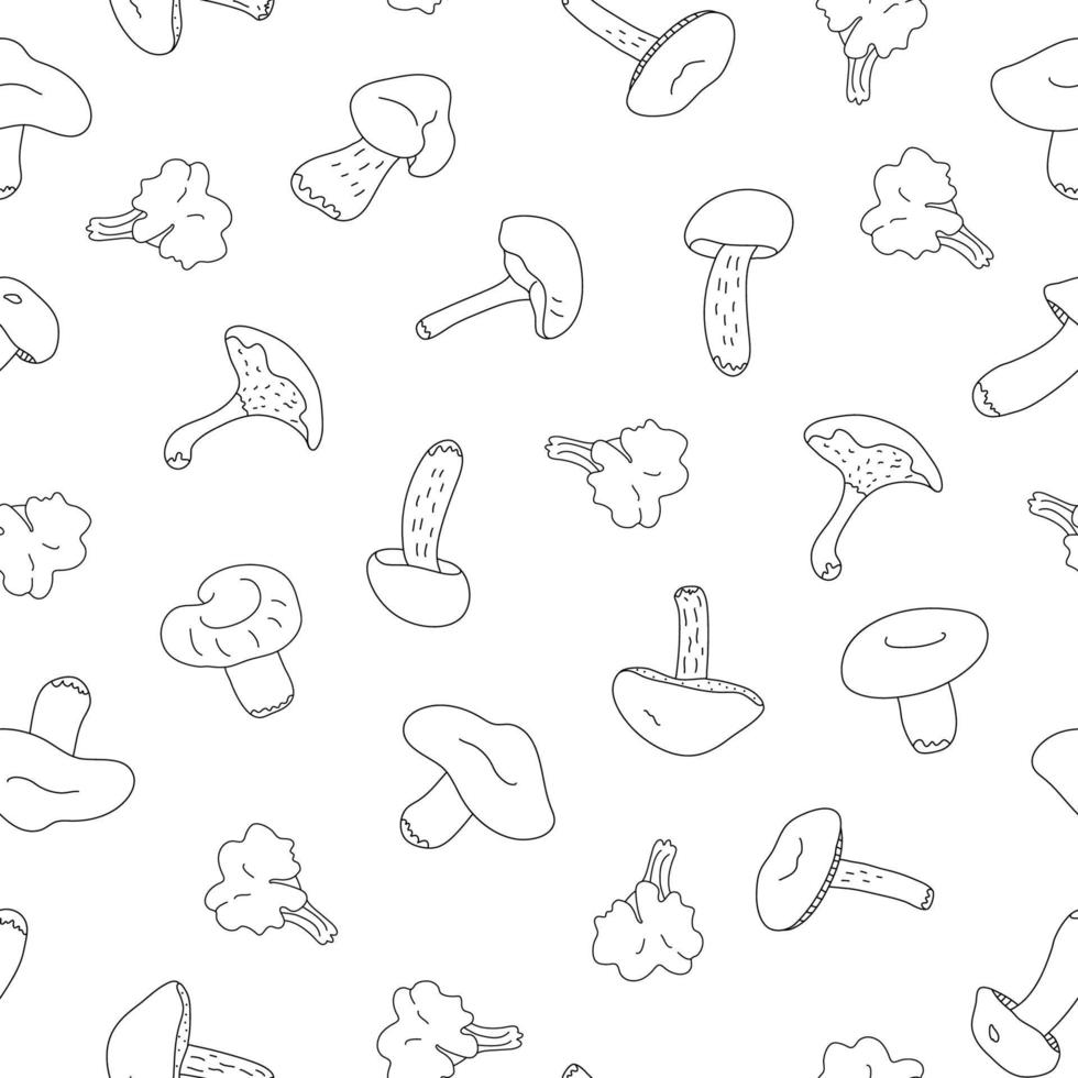 vector naadloze patroon met bos eetbare paddestoelen op witte achtergrond. geweldig voor stoffen, inpakpapier, behang, covers. doodle schets stijl illustratie in zwarte inkt.