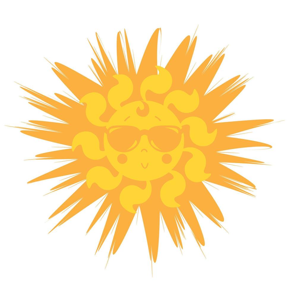 schattige zon. style de zon in een zonnebril. geeloranje zon met een glimlach en een bril. wenskaarten, print t-shirt design, decor, leuke zomer illustratie. geïsoleerd op een witte achtergrond. pictogram vector