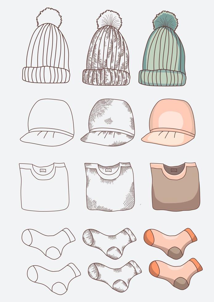 kledingstukken. dingen - hoed, pet, sokken, gevouwen t-shirt. verschillende ontwerpopties - omtrek, streek, vintage, omtrek en kleur. vector illustratie