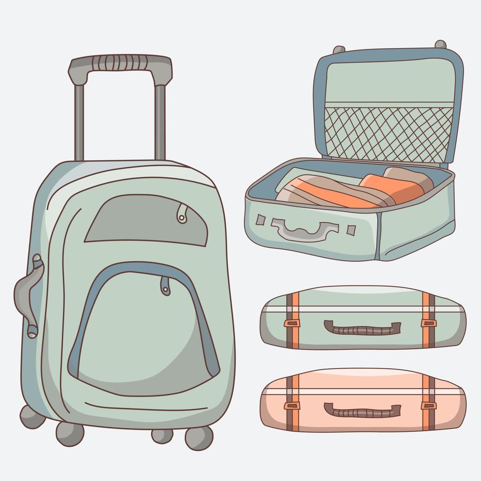 set vectorafbeeldingen van verschillende soorten bagage voor op reis. koffer op wielen, leugens en geopend met dingen, portemonnee voor geld. goede reis. vector