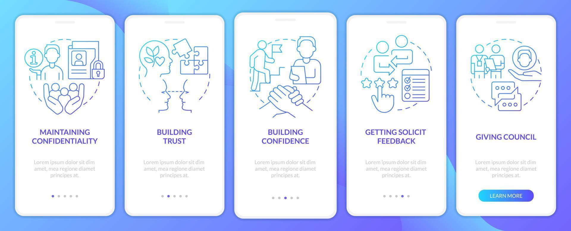 hr communicatieve vaardigheden blauwe gradiënt onboarding mobiele app-scherm. walkthrough 5 stappen grafische instructiepagina's met lineaire concepten. ui, ux, gui-sjabloon. vector