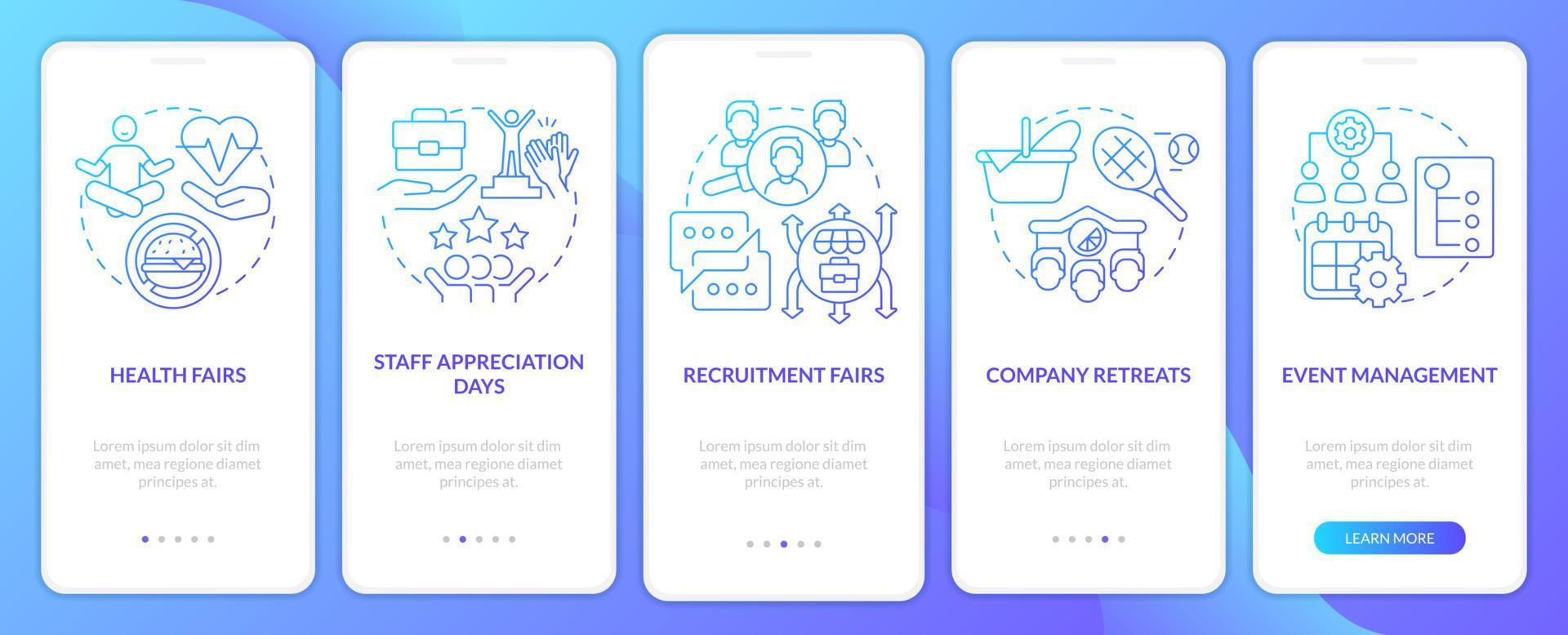 hr organiseren van vaardigheden blauwe gradiënt onboarding mobiele app-scherm. bedrijf walkthrough 5 stappen grafische instructiepagina's met lineaire concepten. ui, ux, gui-sjabloon. vector