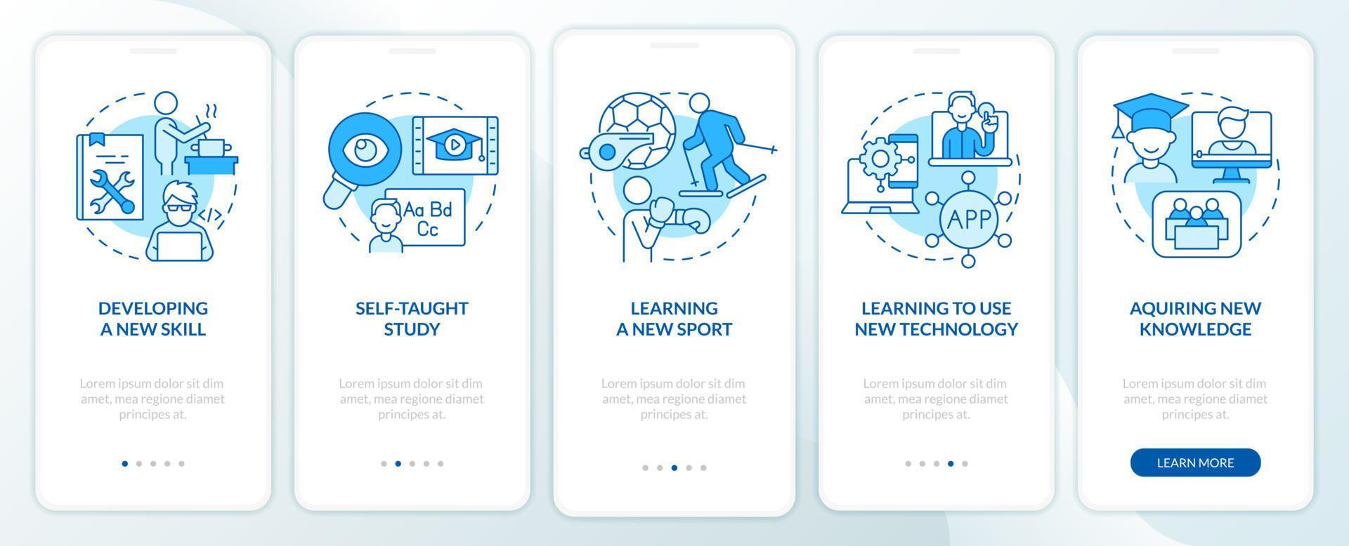 levenslang leren voorbeeld blauw onboarding mobiel app-scherm. walkthrough 5 stappen grafische instructiepagina's met lineaire concepten. ui, ux, gui-sjabloon. vector