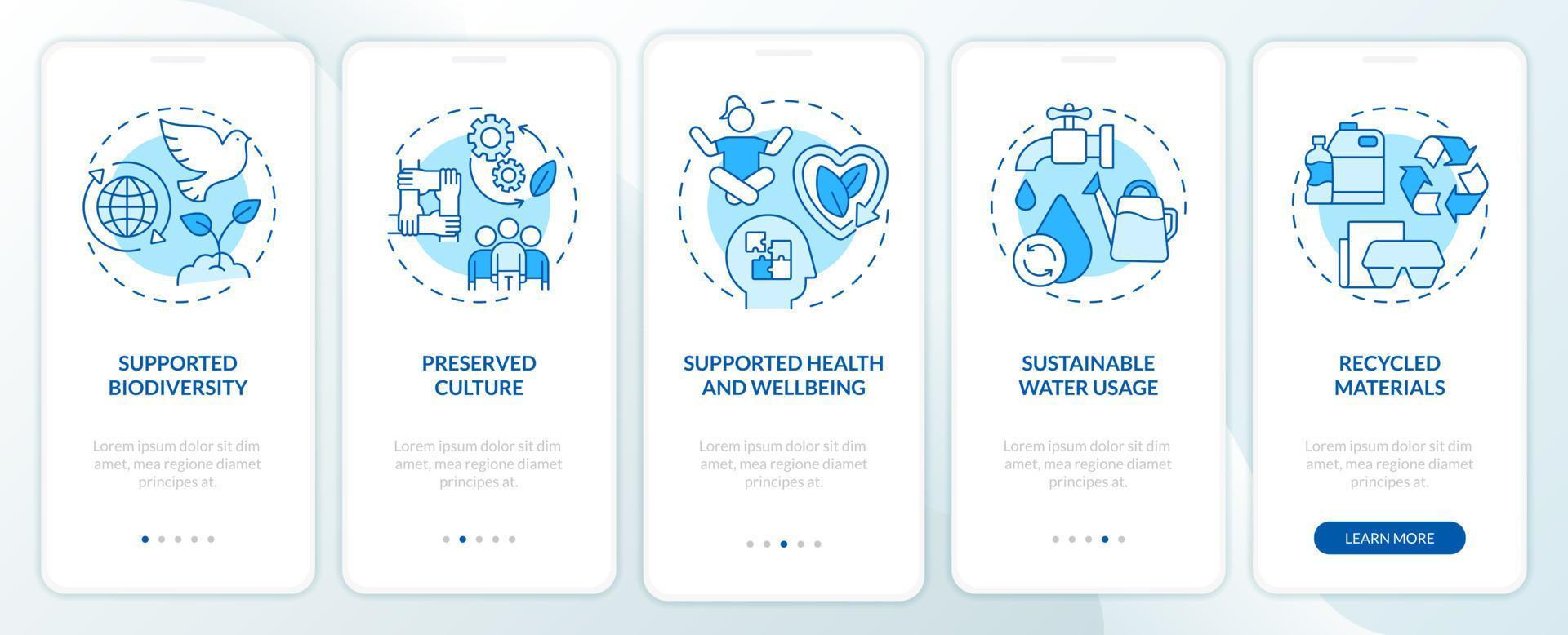 circulaire economie stichtingen blauwe onboarding mobiele app-scherm. walkthrough 5 stappen grafische instructiepagina's met lineaire concepten. ui, ux, gui-sjabloon. vector