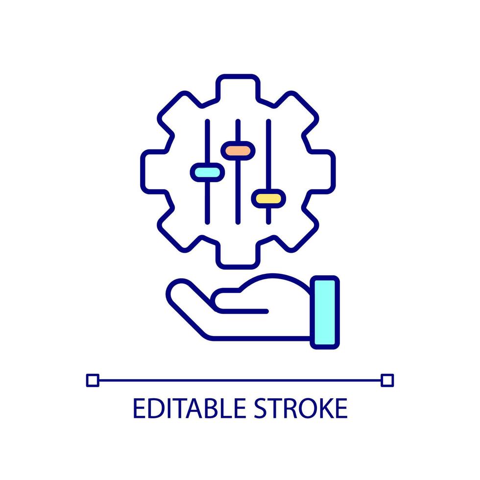 hand met tandrad met hendels RGB-kleurpictogram. handmatige instellingen. controle instrumenten. technologie en techniek. geïsoleerde vectorillustratie. eenvoudige gevulde lijntekening. bewerkbare streek. vector