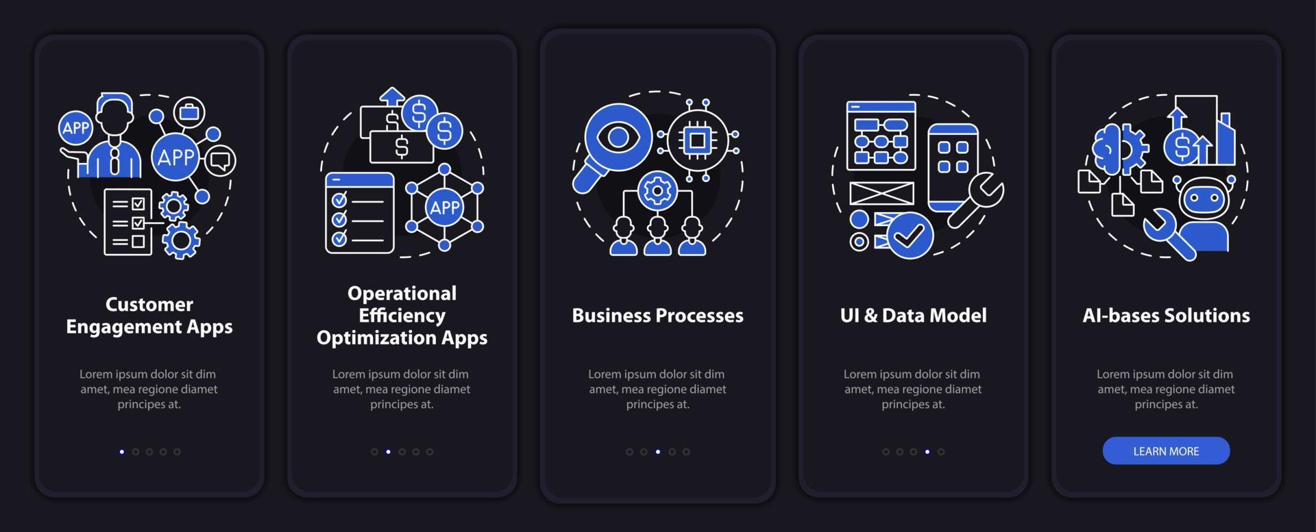 apps gemaakt met low-code nachtmodus onboarding mobiele app-scherm. web walkthrough 5 stappen grafische instructiepagina's met lineaire concepten. ui, ux, gui-sjabloon. vector