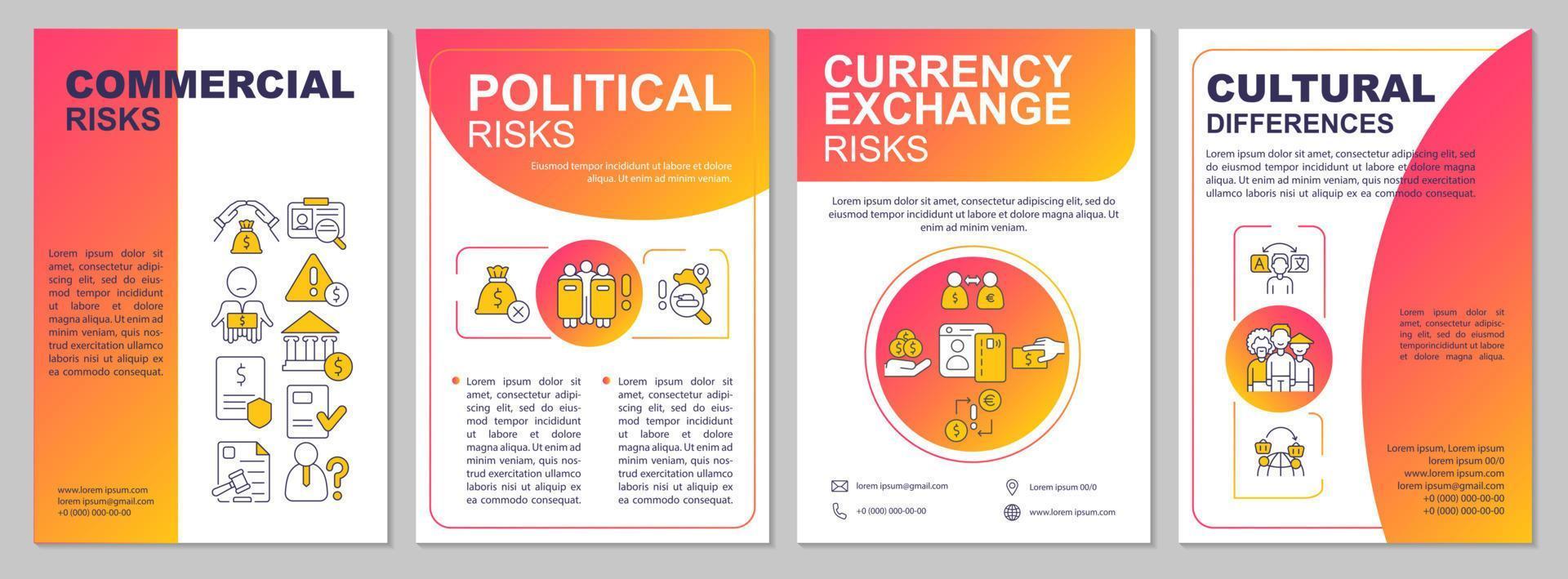 export zakelijke risico's rode gradiënt brochure sjabloon. folderontwerp met lineaire pictogrammen. 4 vectorlay-outs voor presentatie, jaarverslagen. vector