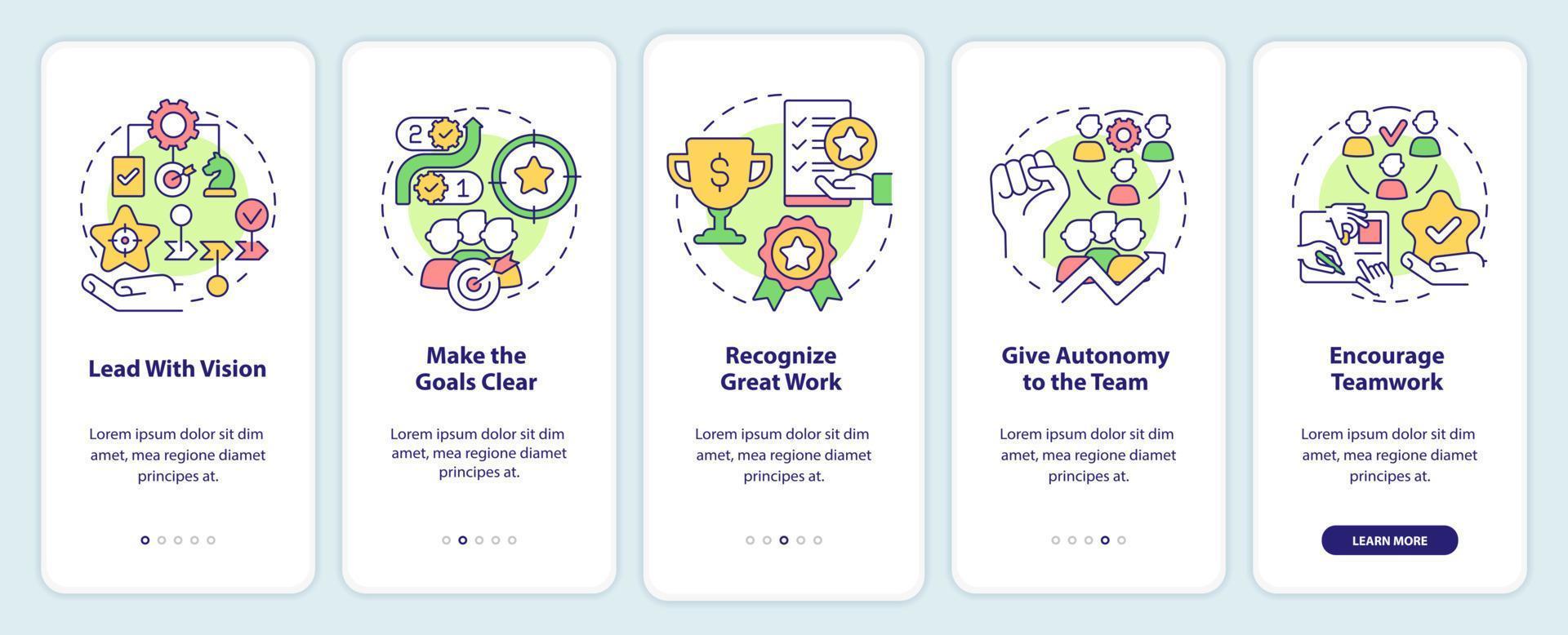 het verbeteren van de motivatie van medewerkers bij het onboarding van het mobiele app-scherm. duidelijke doelen walkthrough 5 stappen grafische instructiepagina's met lineaire concepten. ui, ux, gui-sjabloon. vector