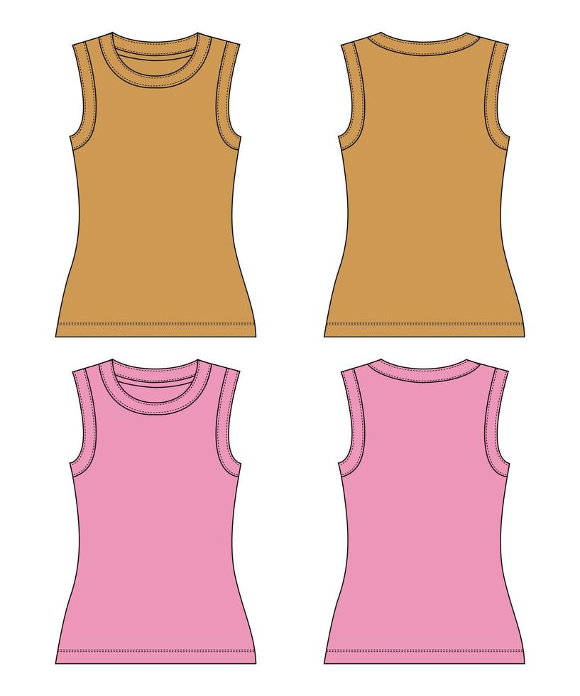 mouwloze tanktop algemene technische mode platte schets vector illustratie gele en paarse kleur sjabloon voor dames.