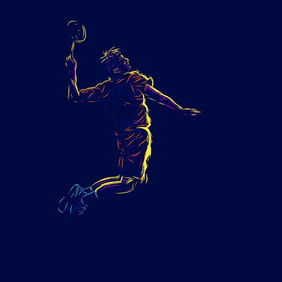 badminton man smash shot lijn popart portret logo. kleurrijk ontwerp met donkere achtergrond. abstracte vectorillustratie. geïsoleerde zwarte achtergrond voor t-shirt vector