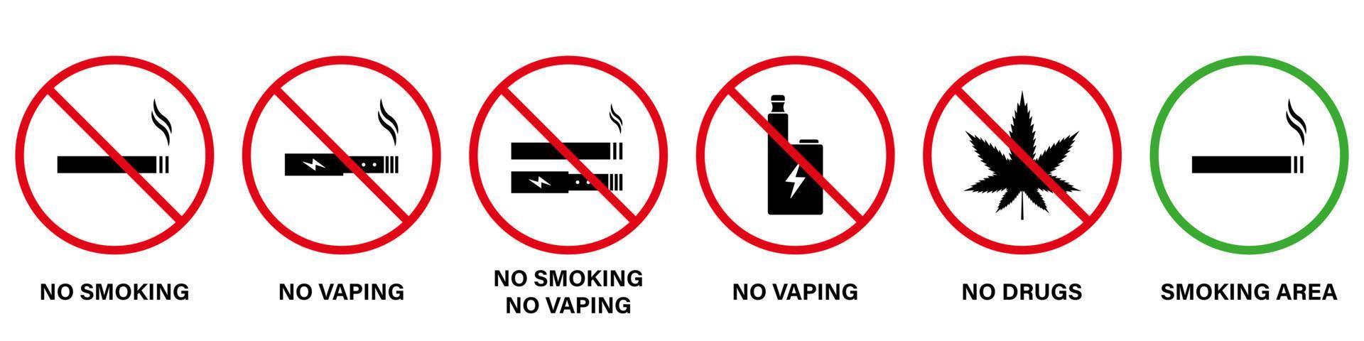 verbod zone rook marihuana vape sigaret silhouet icon set. verboden roken cannabis pictogram. kennisgeving toestaan rook gebied groen teken. rook verboden rood stopsymbool. geïsoleerde vectorillustratie vector