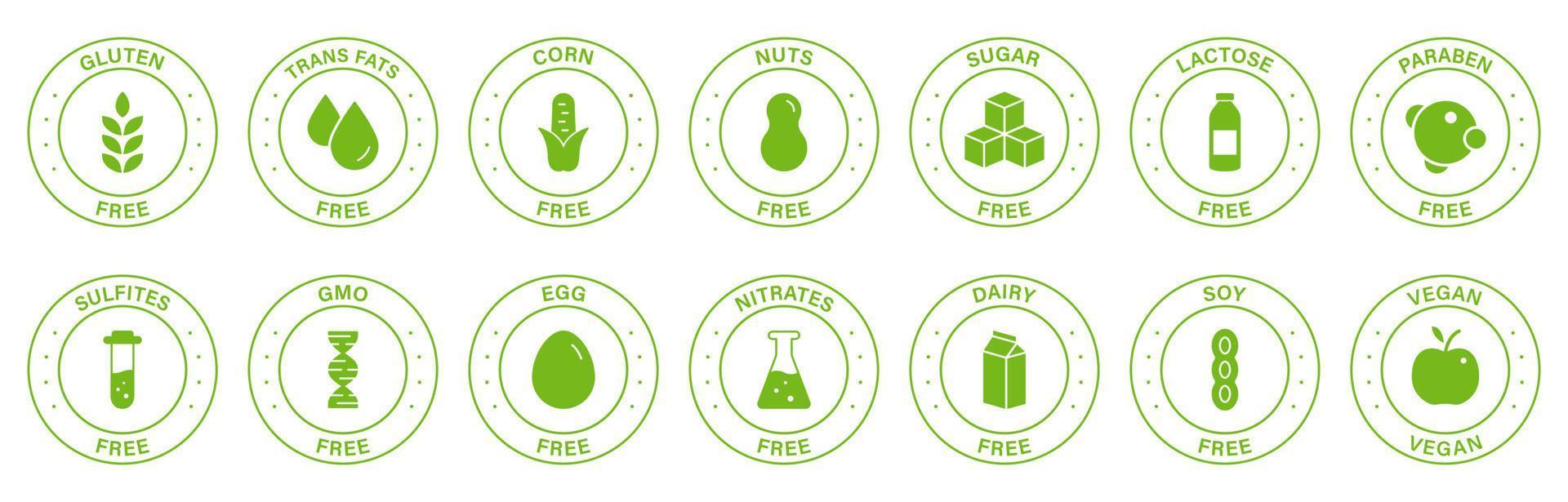 gratis allergie ingrediënt silhouet groene stempel set. label. geen soja, transvet, noten, gluten, maïs, zuivel, suiker, parabenen, nitraten overzichtslogo. veganistisch eten icoon. geïsoleerde vectorillustratie. vector