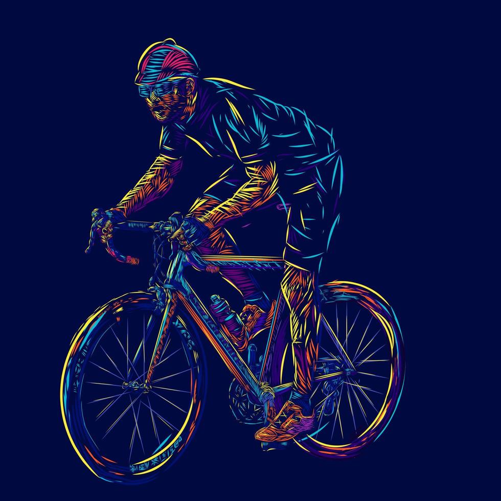 een man rijden fiets lijn popart potrait kleurrijke embleemontwerp met donkere achtergrond. geïsoleerde zwarte achtergrond voor t-shirt, poster, kleding, merch, kleding, badgeontwerp vector