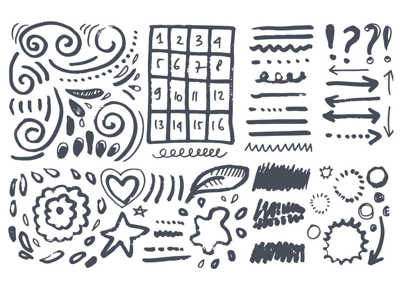 doodle vector lijnen en curves.hand getrokken check en pijlen tekenen. set van eenvoudige doodle lijnen, bochten, frames en vlekken. verzameling potloodeffecten. doodle grens. eenvoudige doodle-set.