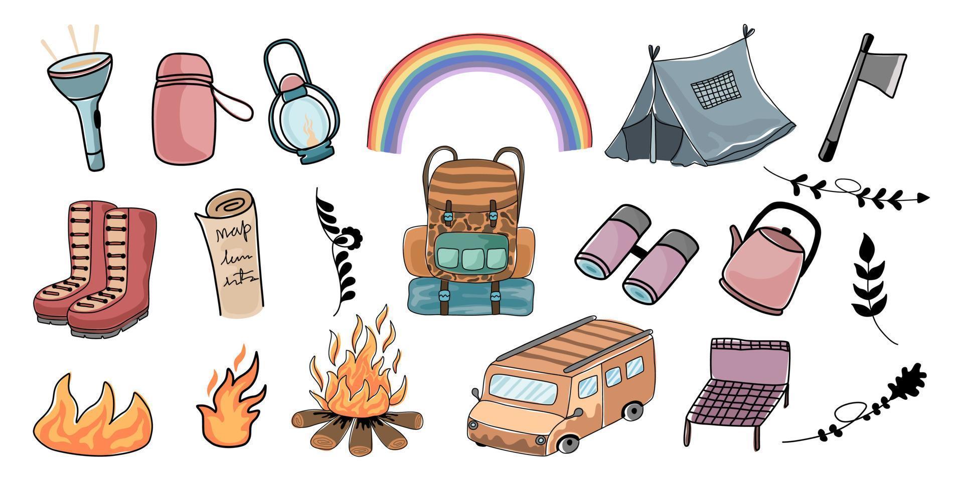 camping en avontuur set vector-elementen ontworpen in doodle stijl voor decoraties, stickers, stof patronen, camping en avontuur thema decoraties, zomer, kussen patronen, mokken, kunst voor kinderen enz vector
