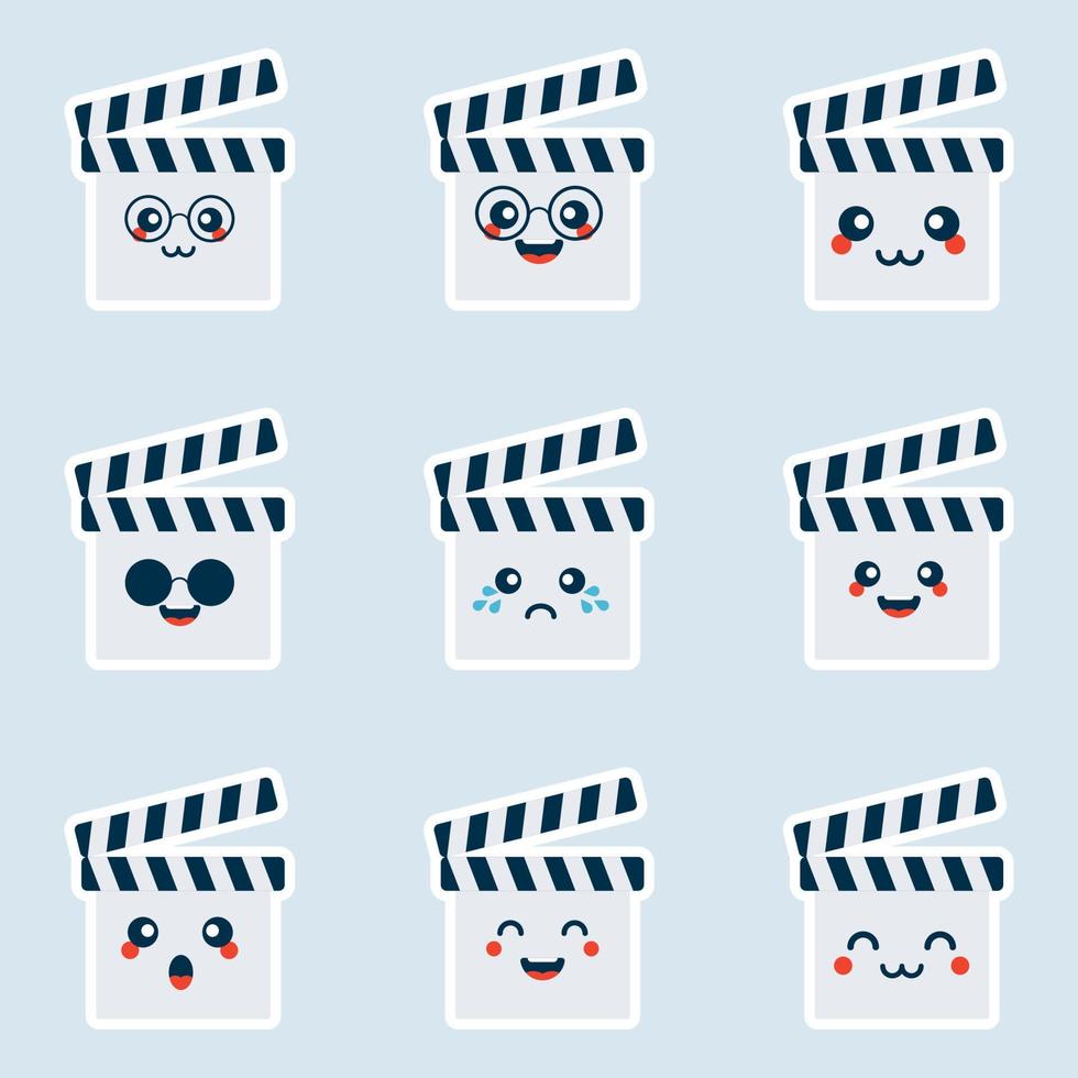 set van schattige Filmklapper pictogrammen in verschillende uitdrukkingen. plat ontwerp. avatars, kaarten, stickers, sites, kalenders. vector illustratie