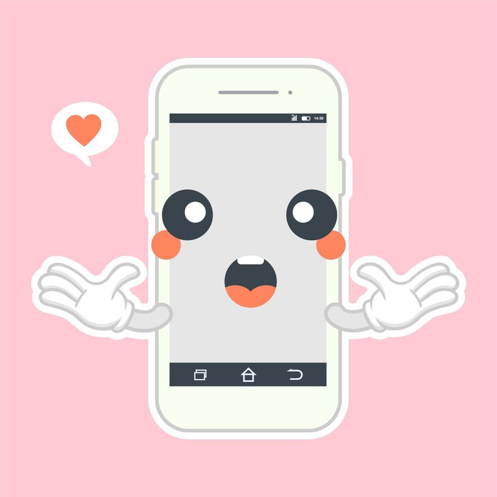 schattig en kawaii smartphone plat ontwerp, stripfiguur voor mobiele telefoons. vector platte lijn cartoon kawaii karakter illustratie pictogram. callphone, smartphone met app-concept met karaktergezicht