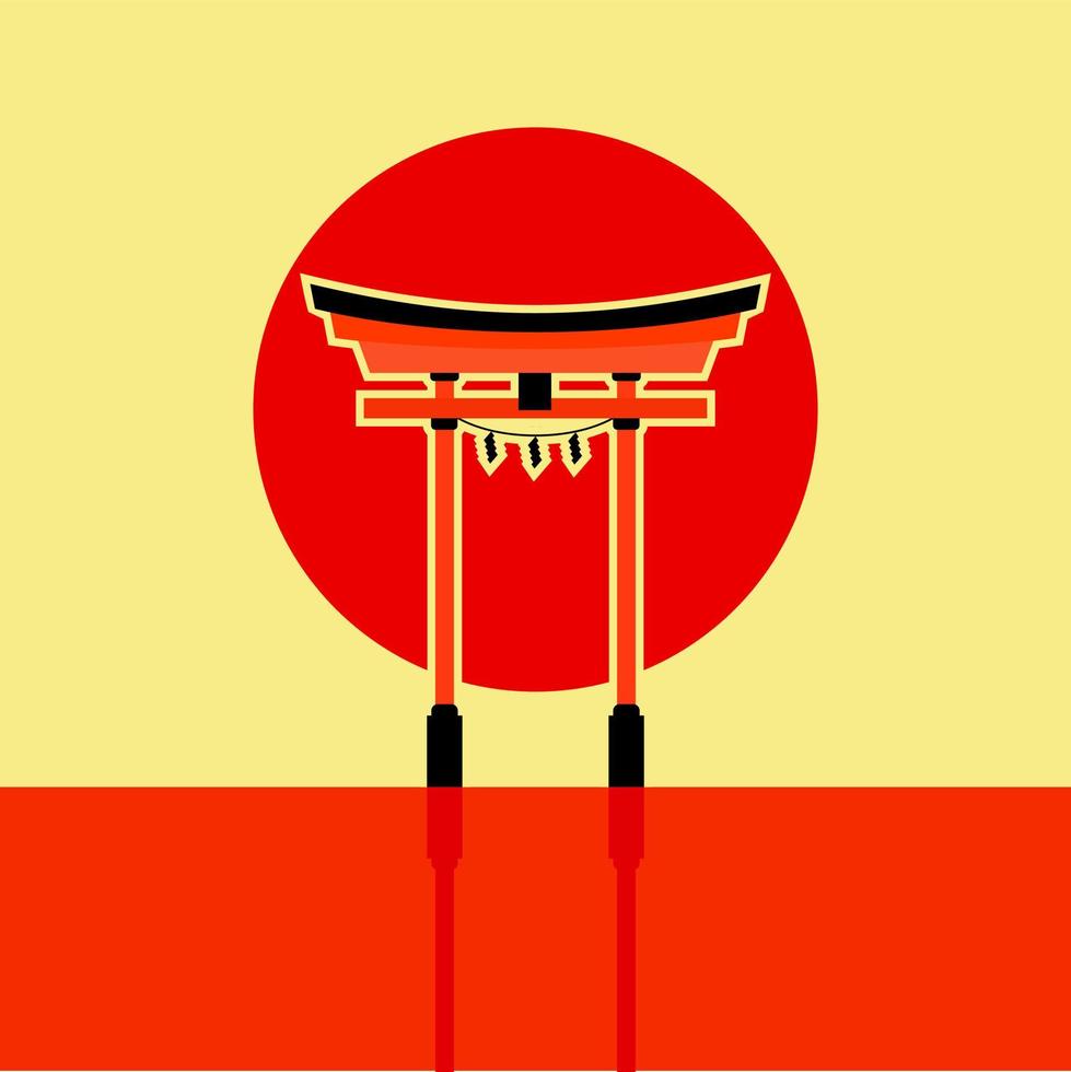Japanse torii poort. symbool van japan, shintoïsme religie. rode houten heilige tori-boog. oude ingang, oostelijk erfgoed en oriëntatiepunt. oosterse religieuze architectuur. platte ontwerp vectorillustratie vector