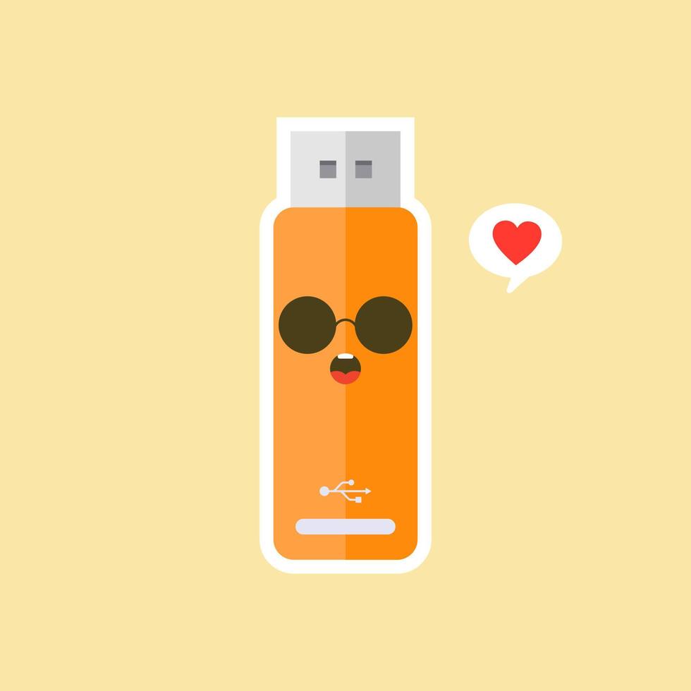 kawaii en schattig usb flash drive pictogram geïsoleerd op een gekleurde achtergrond. geheugenstick icoon in platte stijl. flash disk karakter met gezichtsuitdrukking. kan gebruiken voor technologie, mascotte, it-element, website, pictogram vector