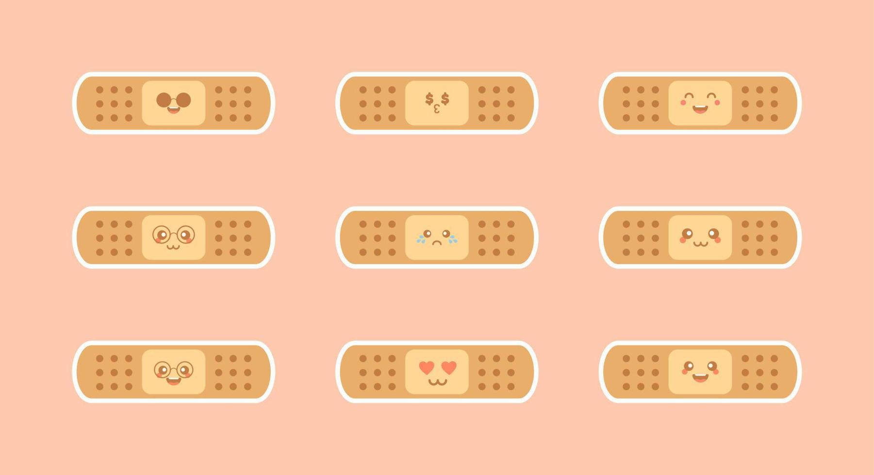 set van kawaii en schattige bandaid karakter iconen in verschillende uitdrukkingen. plat ontwerp van zelfklevend verband. vectorillustratie. ontwerp voor kind, gezondheid, medisch, ziekenhuis, gezondheidszorg vector