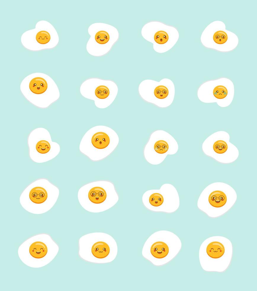 schattige emoji gebakken eieren icon set, bovenaanzicht, geïsoleerd op een witte achtergrond. platte cartoon kawaii stijl vector voedsel karakter. illustratie. omelet met mooi emoticongezicht op geel dooiersymboolontwerp.