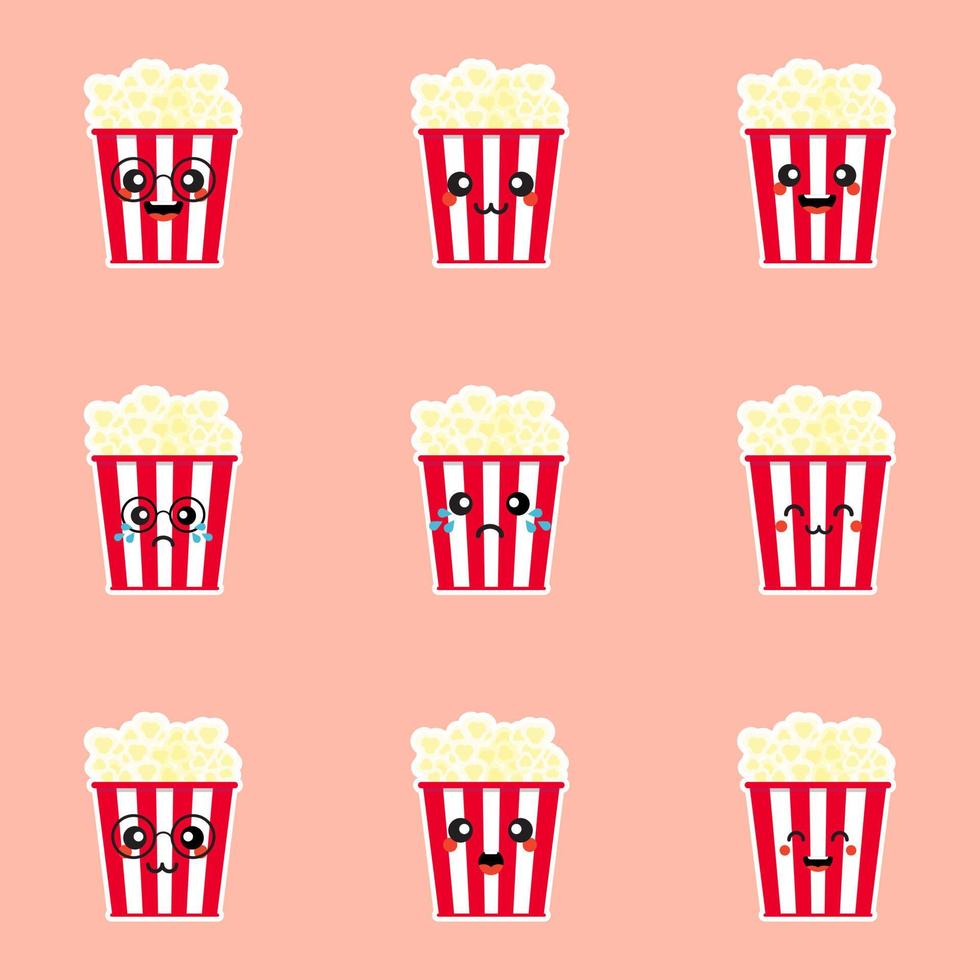 leuke popcorn. bioscoop hapje. vector illustratie cartoon karakter pictogram... set hand getrokken schattig pop corn dozen geïsoleerd op een witte achtergrond. vector stripfiguur met verschillende kawaii emoties.