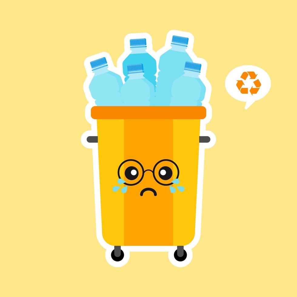 kawaii en schattige prullenbak mascotte stripfiguur vol met plastic afval. vectorillustratie geïsoleerd op een achtergrond in kleur. hergebruik recycling en houd het concept schoon vector