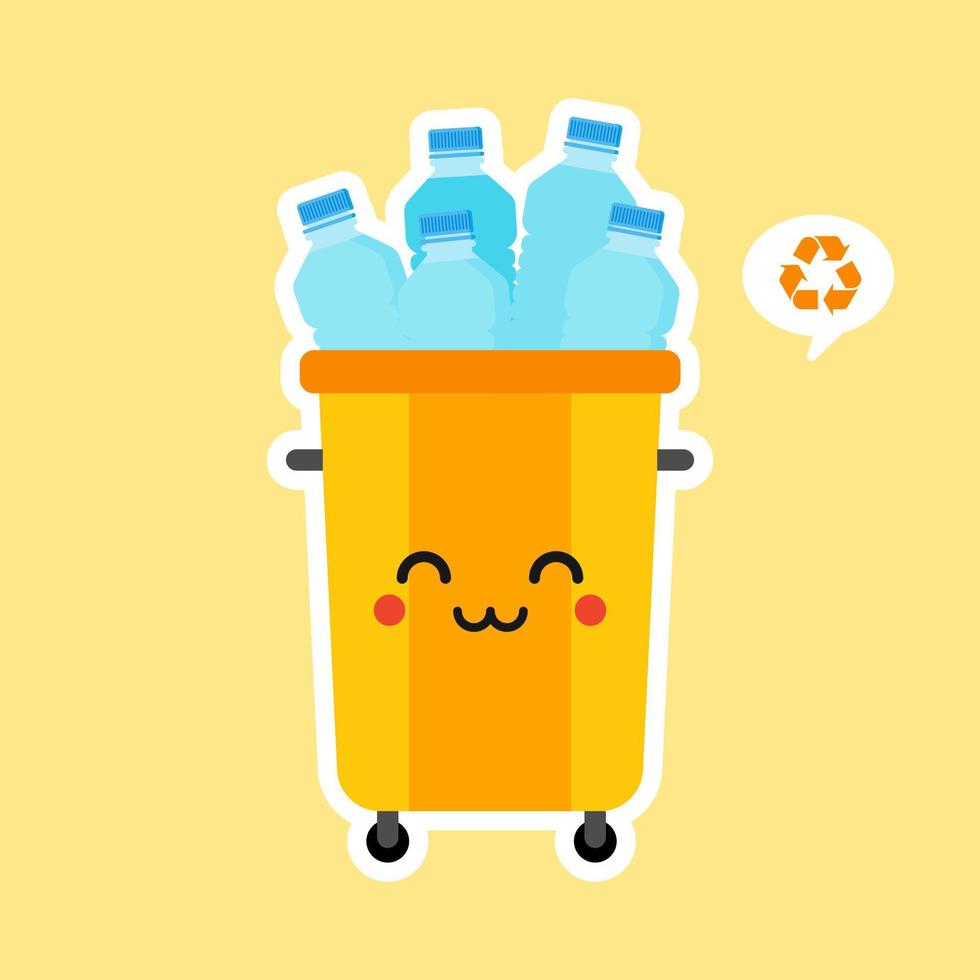 kawaii en schattige prullenbak mascotte stripfiguur vol met plastic afval. vectorillustratie geïsoleerd op een achtergrond in kleur. hergebruik recycling en houd het concept schoon vector