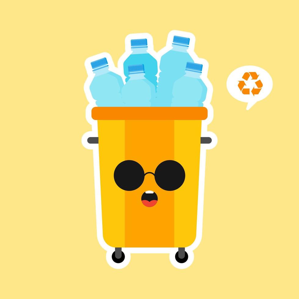 kawaii en schattige prullenbak mascotte stripfiguur vol met plastic afval. vectorillustratie geïsoleerd op een achtergrond in kleur. hergebruik recycling en houd het concept schoon vector