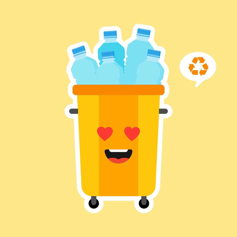 kawaii en schattige prullenbak mascotte stripfiguur vol met plastic afval. vectorillustratie geïsoleerd op een achtergrond in kleur. hergebruik recycling en houd het concept schoon vector